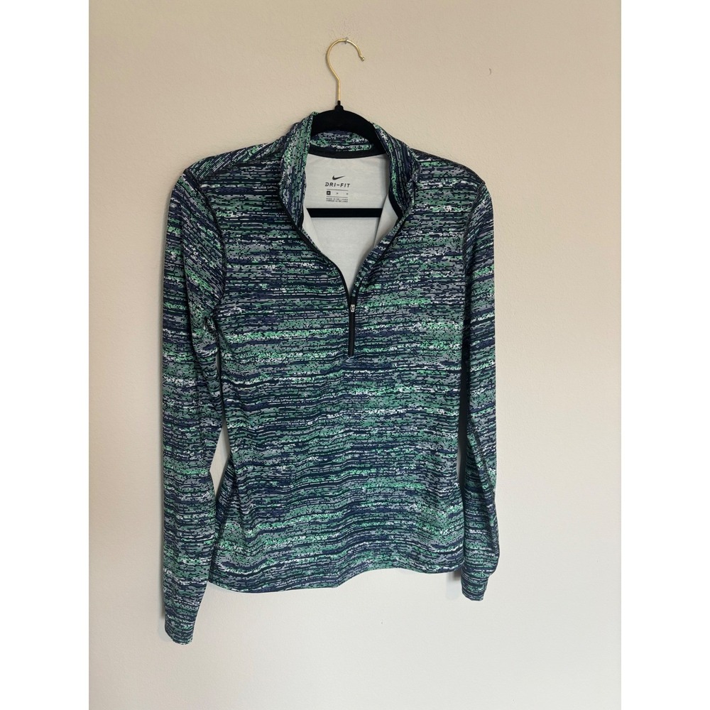 Nike Dri-FIT Womens Quarter Zip Pullover Green Navy Blue Static Print Size M - Picture 2 of 3